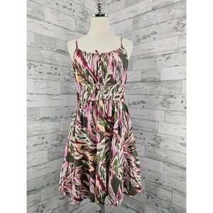 Loft Beach Tropical Leaf‎ Print Smocked Waist Linen Blend Sun Dress Green Pink S